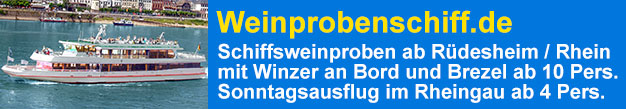 Weinprobenschiff.de Schiffsweinproben ab R�desheim / Rhein, Bingen oder Assmannshausen mit Winzer an Bord und Brezel ab 10 Personen. � Sonntagsausflug im Rheingau ab Eltville bei Wiesbaden, Heidesheim bei Mainz oder Ingelheim mit Weinprobe, Fleischwurst, K�se oder Kuchen ab 4 Personen.
